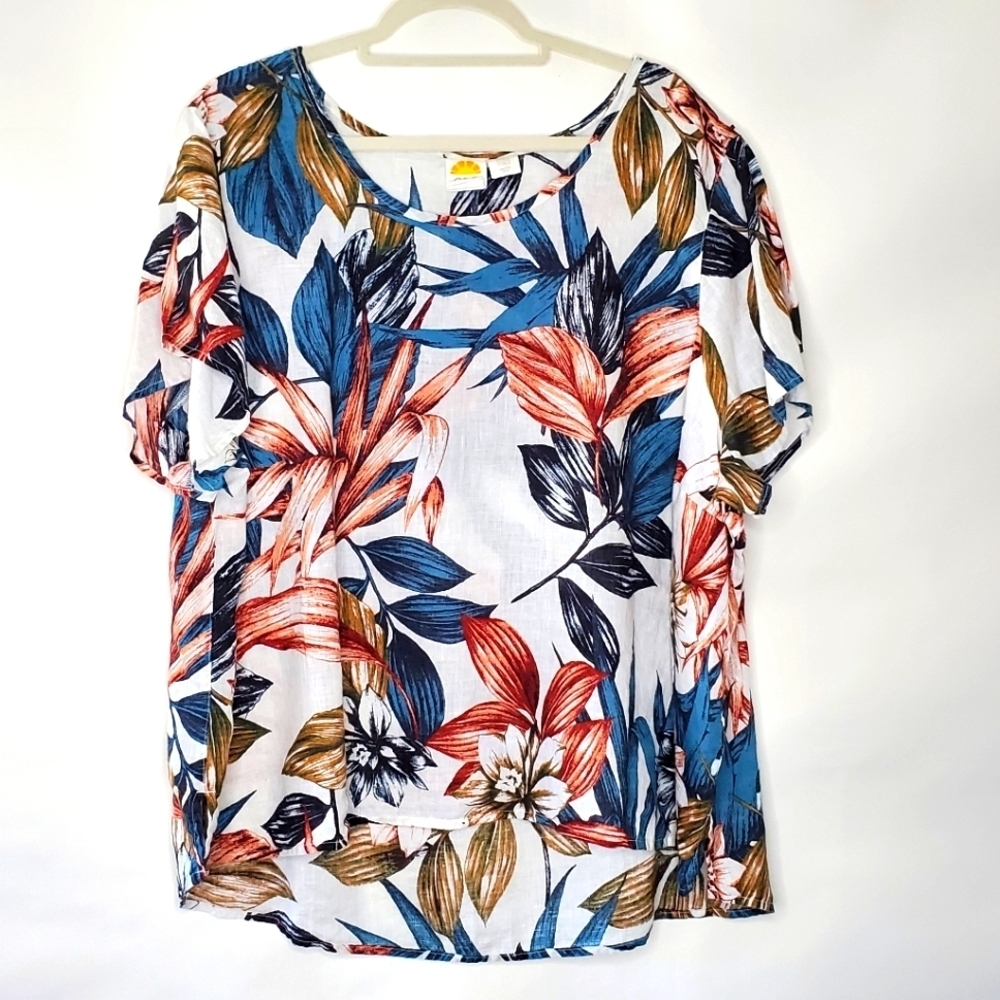 C&C California LINEN Plus Size Floral Top 3X Leaf Print Short Sleeve Hawaiian